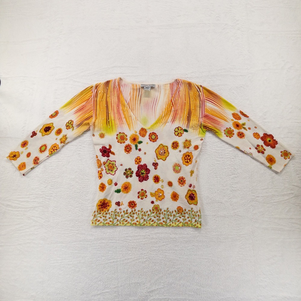 Alberto Makali Womens Top Size Medium Cream Orange Floral Beaded V-Neck Knit